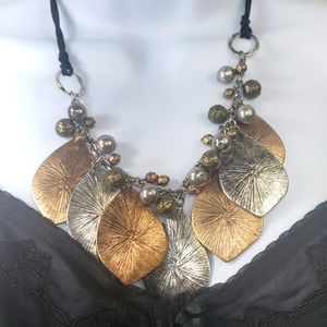 Antique Layered Bronze, Silver And Golden Leaves  And Balls Necklace